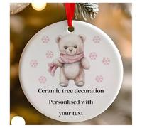 Personalised Pink Christmas Bear Round Ceramic Hanging Tree Decoration, Babies 1st Christmas, First Xmas as Mr and Mrs - 7cm