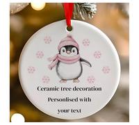 Personalised Pink Christmas Cute Penguin Round Ceramic Hanging Tree Decoration, Babies 1st Christmas, First Xmas as Mr and Mrs - 7cm