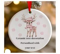 Personalised Pink Christmas Cute Reindeer Round Ceramic Hanging Tree Decoration, Babies 1st Christmas, First Xmas as Mr and Mrs - 7cm