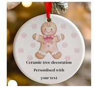 Personalised Pink Christmas Gingerbread Man Round Ceramic Hanging Tree Decoration, Babies 1st Christmas, First Xmas as Mr and Mrs - 7cm