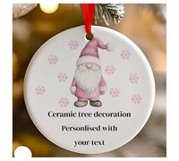 Personalised Pink Christmas Gonk Gnome Round Ceramic Hanging Tree Decoration, Babies 1st Christmas, First Xmas as Mr and Mrs - 7cm