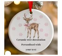 Personalised Pink Christmas Reindeer Round Ceramic Hanging Tree Decoration, Babies 1st Christmas, First Xmas as Mr and Mrs - 7cm