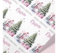Personalised Pink Christmas Wrapping Paper | Christmas Wrapping Paper Rolls - 61cm Width | Girls Festive Design | Snowman Gift Wrap | Custom Name | Present Idea | Made in the UK (Pink, 5mt)