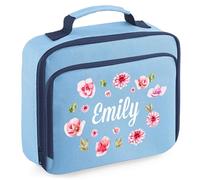 Personalised Pink Flowers Lunch Bag Kids Custom Floral Lunchbox for Back to Nursery School, 24cm x 20cm x 8cm, Sky Blue