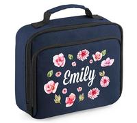 Personalised Pink Flowers Lunch Bag Kids Custom Floral Lunchbox for Back to Nursery School, 24cm x 20cm x 8cm, Navy