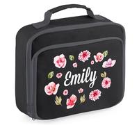 Personalised Pink Flowers Lunch Bag Kids Custom Floral Lunchbox for Back to Nursery School, 24cm x 20cm x 8cm, Black