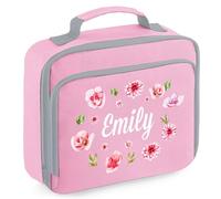 Personalised Pink Flowers Lunch Bag Kids Custom Floral Lunchbox for Back to Nursery School, 24cm x 20cm x 8cm, Pink