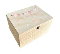 Personalised Pink Garland Keepsake Box for Treasured Memories | Newborn Gift With Name and Date | Pine Storage With Metal Hinges & Clasp | W20cm x D15cm x H11cm