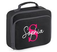 Personalised Pink Name and Initial Lunch Cooler Bag, Girls Custom Back to School Lunch Box, Gifts for Daughter on First Day of Nursery or Primary School, Black
