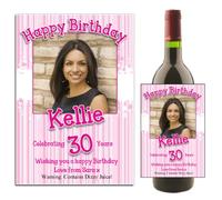 Personalised Pink Stripe Wine/Champagne Bottle Photo Label ~ Happy 18TH 21ST 30TH 40TH 50TH Birthday Gift Idea N33 Any Age