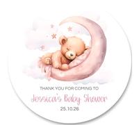 Personalised Pink Teddy Bear in Moon Baby Shower Stickers, 12 or 24 Sheet