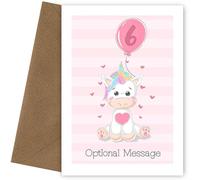 Personalised Pink Unicorn 6th Birthday Card | Age 6 Birthday Card for a Girl with Custom Front and Illustrated Pink Unicorn Design