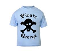 Personalised Pirate Jolly Roger Flag Short Sleeve Cotton Toddler t Shirt, 1-2 Years, Pastel Blue