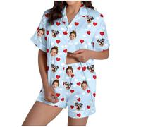 Personalised Pjs Womens Short Sleeve Custom Photo Pyjamas With Face Photo Create Your Own Pajamas Short Sets Festival Nightwear Outfit Loungewear for Valentine's Day,Birthday Light Blue