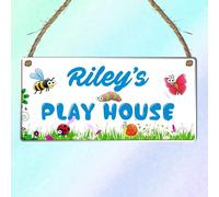 Personalised "Playhouse" Plaque - Customisable Children's Playhouse Sign for Indoor or Outdoor Use - for Kids' Playrooms or Garden Playhouses (White Blue Text, Acrylic Indoor & Outdoor Use)