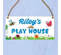Personalised "Playhouse" Plaque - Customisable Children's Playhouse Sign for Indoor or Outdoor Use - for Kids' Playrooms or Garden Playhouses (White Blue Text, Mdf Wood Indoor Use Only)