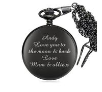 Personalised Pocket Watch Engraved Pocket Watch and Chain Personalised Gifts for Valentines Fathers Day Christmas Wedding Birthday with Any Text for Him Husband Dad Groomsmen with Gift Box(Black)