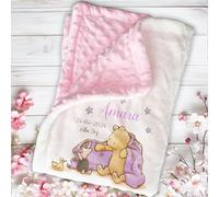 Personalised Pooh Bear Theme Birth Details Blanket Quality Toddler Pink Comforter Unique Item Matching Nappy Caddy