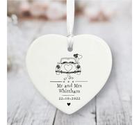 Personalised Porcelain Wedding Gift, Custom Hanging Heart Wedding Keepsake Names Dates, Ceramic Heart Ornament, Double Sided