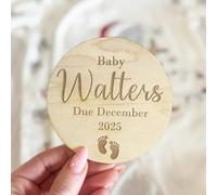 Personalised Pregnancy Announcement Disc, Wooden Baby Reveal Due Date Sign | Custom surname keepsake for expectant parents, social media photos, first-time mums, family surprises and new arrivals.