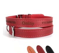 Personalised Premium Dog Collar (Red, size 8) ~ custom made Puppy ID | laser engraved Pet Ancol collar tag customised with your text or name ~ made of genuine leather