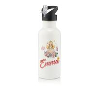 Personalised Princess Any Name Design for Girls - Custom Cute Fairy Tale Gift - Perfect for Back to School - Add Your Child’s Name, Stainless Steel 600ml Water Bottle with Straw. (White)