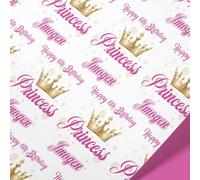Personalised Princess Wrapping Paper | Custom Name & Age | Pink Crown Gift Wrap | 61cm x 1m Rolls | Birthday Present Idea for Girls | Royal Theme Gift Wrap | Princess Birthday Paper