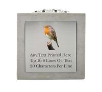 Personalised Printed Robin Design Stone Effect Memorial Rose Bowl Grave Marker Flower Pot Vase Selection Of Colours (UV PRINTED) (White, Silver Lid/Silver Plate)