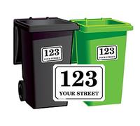 Personalised Printed Wheelie Bin Number Stickers with Road and Street Name - A6 Vinyl Waste Container Decals - Black on White - 4 Pack