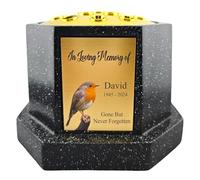Personalised Printed White or Black Memorial Rose Bowl Grave Marker Flower Pot Vase Robin Design (UV PRINTED) (Black, Gold Lid/Gold Plate)