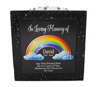 Personalised Printed White or Black Stone Effect Memorial Rose Bowl Grave Marker Flower Pot Vase With Rainbow Design (UV PRINTED) (Black, Silver Lid/Black Plate)