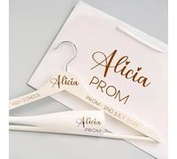 Personalised Prom Gift Set, White Hanger and Bag with Gold Writing, Custom Name Keepsake