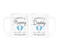Personalised Promoted to Mummy or Daddy Mug, Dual-Sided Design, Custom Baby Arrival Date & Colour Of Footprint, New Parents, Birth, Coffee Cup, 11oz, Set of 2 or Single (Set of 2 Mugs (Mummy & Daddy))