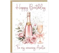Personalised Prosecco Birthday Card for Women - Custom To My Amazing Aunt Mum Nan Sister - Rose Gold Bottle Roses Fizz Flute Design - Premium A5 For Her Greeting Cards