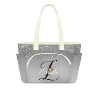 Personalised Puffer Tote Bag for Women - Custom Name & Floral Letter Large Tote Bag with Zip, Lightweight Shoulder Bag, Water-Resistant Work Travel Laptop Bag for Teacher Nurse Mum Gift, Silver