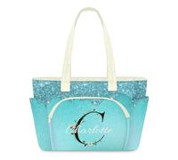 Personalised Puffer Tote Bag for Women - Custom Name & Floral Letter Large Tote Bag with Zip, Lightweight Shoulder Bag, Water-Resistant Work Travel Laptop Bag for Teacher Nurse Mum Gift, Cyan