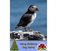 Personalised Puffin Christmas Card (Merry Christmas, Any Name) - Custom Xmas Card for Him or Her Male Female Kids Boys Girls