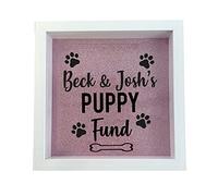 Personalised Puppy Fund Savings Wooden Money Box (Pink Glitter)