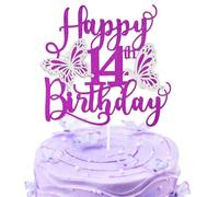 Personalised Purple 3D Butterfly Happy 14th Birthday Glitter Cake Toppers,Purple Butterfly Theme Cake Toppers for Cake Decorations Girls 14 Years Old Birthday Party Keepsakes