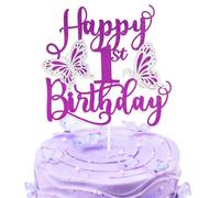 Personalised Purple 3D Butterfly Happy 1st Birthday Glitter Cake Toppers,Purple Butterfly Theme Cake Toppers for Cake Decorations Girls First Birthday Party Keepsakes