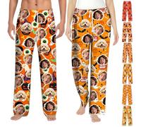 Personalised Pyjamas Bottoms with Face Photo, Halloween PJS Bottoms, Skeleton Pumpkin PJS, Custom PJ Bottoms for Women Men, Matching PJS for Couples, Halloween Gifts (Orange Series)