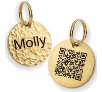 Personalised QR Code Pet ID Tag Deep Engraved No Maintenance Fees Brass Dog Tag for Collars Artisan Hammered Finish Custom Hammered Texture Durable 2mm Solid Brass&Stainless Handmade in UK 20mm-35mm
