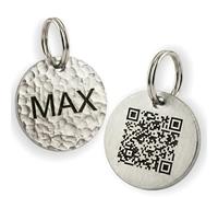 Personalised QR Code Pet ID Tag Deep Engraved No Maintenance Fees Brass Dog Tag for Collars Artisan Hammered Finish Custom Hammered Texture Durable 2mm Solid Brass&Stainless Handmade in UK 20mm-35mm