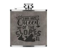 Personalised Queen of The Slopes 6oz PU Leather Hip Flask Grey Luxe