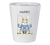 Personalised Rabbit On Swing Ceramic Egg Cup with Name - Custom Blue or Pink Bunny Egg Holder for Kids & Adults - Easter Gift, Baby Shower, Christening Keepsake or Birthday Gift
