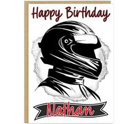 Personalised Racing Car Happy Birthday Cards for Boys - Custom Add Own Name 6 Designs Race Car Balloons Driver Trophy Race Track - For Son Brother Friend Cousin Nephew (Race Driver)