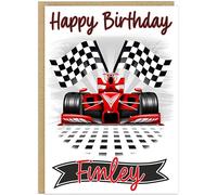 Personalised Racing Car Happy Birthday Cards for Boys - Custom Add Own Name 6 Designs Race Car Balloons Driver Trophy Race Track - For Son Brother Friend Cousin Nephew (Race Car 2)