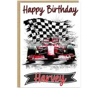 Personalised Racing Car Happy Birthday Cards for Boys - Custom Add Own Name 6 Designs Race Car Balloons Driver Trophy Race Track - For Son Brother Friend Cousin Nephew (Race Car 1)