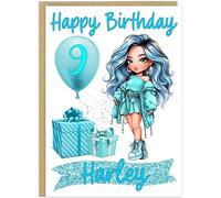 Personalised Rainbow Fashion Doll Birthday Cards - Custom Name & Age Balloon - 7 Doll Colour Themes For Girls With Happy Birthday A5 (Blue)