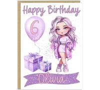 Personalised Rainbow Fashion Doll Birthday Cards - Custom Name & Age Balloon - 7 Doll Colour Themes For Girls With Happy Birthday A5 (Lilac)